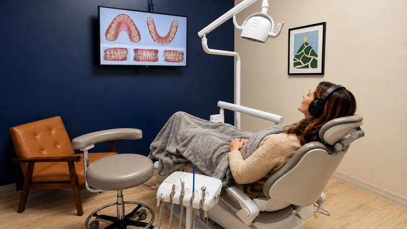 A patient relaxes under a blanket with headphones in a treatment room while her scan shows on the screen